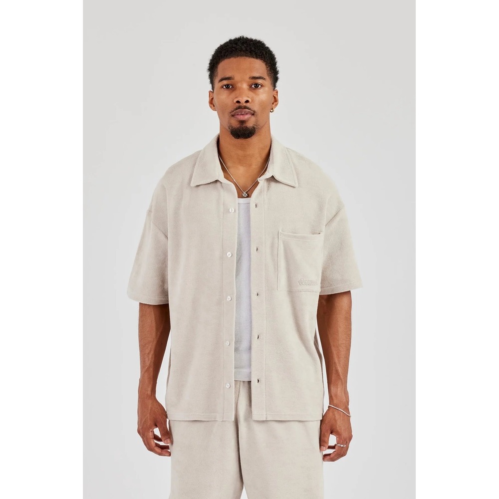 CERNUCCI‎ Mens Terry Towelling Boxy Button Down Shirt Beige Large New With Tags